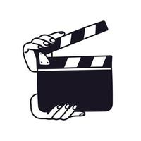 Hand-drawn clapperboard in hands. Hands hold a clapperboard to start filming. Black on white silhouette of a cinematic video stitching tool. Vector illustration.