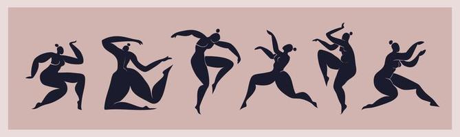 Matisse inspired Dancing women isolated. Set of cut out black female silhouettes. Abstract curvy women cut from paper. Vector illustration inspired by Matisse.