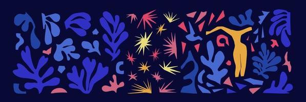 un conjunto de plantas abstractas y diferentes formas inspiradas en matisse. recortes de papel de color vectorial aislados en fondo azul. figura femenina, estrellas, algas, trozos de papel cortado. vector