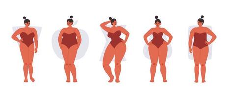 Set of full female body types isolated. Curvy women in red swimwear show off different body shapes. Vector illustration of chubby girls on a white background.