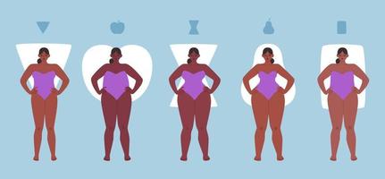 mujeres afroamericanas bastante curvilíneas. los tipos de cuerpo de las niñas adultas afro son triángulo y manzana, reloj de arena, pera y rectángulo. ilustración vectorial de personas con sobrepeso en trajes de baño. vector
