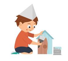 Vector working boy. Flat funny sitting kid character painting a nestling box. Craft lesson illustration. Concept of a child learning how to work. Picture for workshop or masterclass advertisement