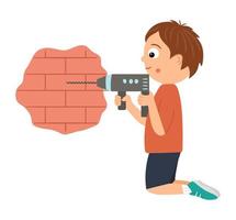 Vector working boy. Flat funny kid character drilling a brick wall with a drill. Craft lesson illustration. Concept of a child learning how to work with tools. Picture for workshop or masterclass