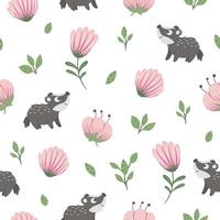 Vector seamless pattern of hand drawn flat funny baby badger with stylized leaves and pink flowers. Forest themed repeating background for children design. Cute animalistic backdrop