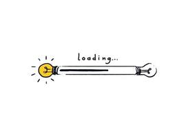 Long Bulb loading bar. Doodle download yellow progress bar. Color concept loading from idea to implementation. Vector illustration isolated on white background.