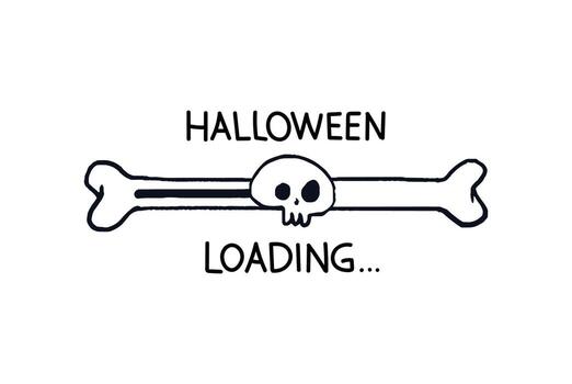barra de carga de halloween. hueso de la barra de progreso del garabato con el contorno del cráneo. ilustración de stock vectorial boceto en blanco y negro con cita cargando halloween vector