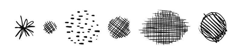 círculos y óvalos de sombreado dibujados. un conjunto de garabatos tachados dibujados a mano. puntos diagonales, verticales o discontinuos en forma de elipse o círculo. ilustración de stock vectorial aislada en blanco vector