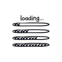 Doodle loading level. Hand drawn loading bar filled with crosses from minimum to maximum limit. Vector sketch illustration in bold marker isolated on white background.