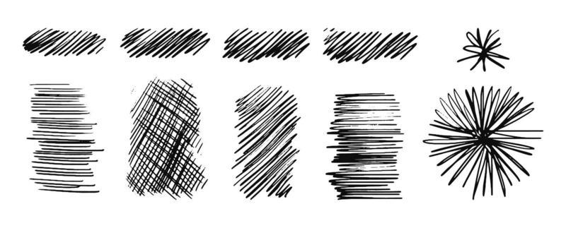 The drawn hatching lines are elongated and round. A set of hand drawn hatched strikethrough doodles. Diagonal, vertical or parallel strokes in the form of a star or ball. Vector illustration isolated