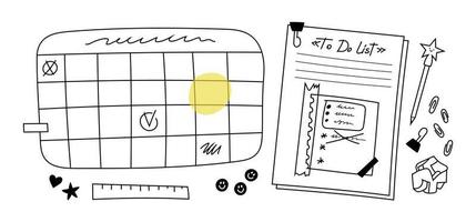 Set of drawn calendar, planner and stacks of papers with notes and assorted stationery. Doodle sheet of crumpled paper, ruler, paper clips, pen with a star. Scheduler with day of the week stamps. vector
