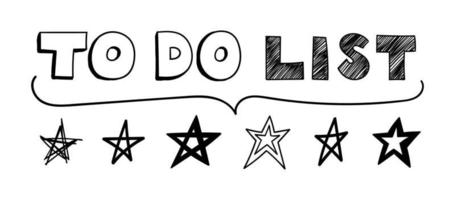 garabatos para hacer la lista con asteriscos y paréntesis. lápiz dibujado a mano. ilustración vectorial garabatear para hacer lista de texto con líneas de sombreado. estrellas, letras y palabras dibujadas a mano. vector