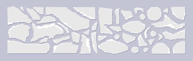 Set of torn gray paper with a white edge isolated on a grey background. Vector illustration of small scraps of torn paper of different sizes and shapes. Crumbled colored pieces of pages.