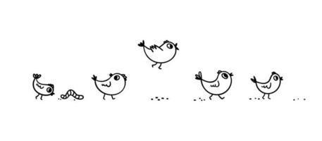 Doodle chicks walk in a row. Cute cartoon little birds on a walk are exploring the worm, trying to fly. Vector stock illustration isolated on white background.