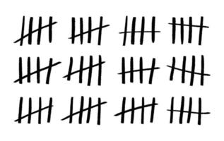 Tally chart or waiting marks isolated. Hand-drawn four sticks crossed out by line. Vector illustration counted marks, lines crossed out with a diagonal stick.