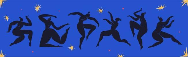 mujeres bailarinas inspiradas en matisse. conjunto de siluetas femeninas recortadas sobre un fondo azul con estrellas. mujeres con curvas abstractas recortadas en negro. ilustración vectorial inspirada en matisse. vector