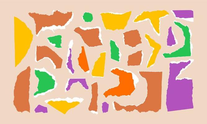 Bundle torn colored paper with white edge isolated on beige background. Vector illustration of torn paper scraps of different sizes and shapes. Crumbled colored pieces of pages.