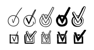 Set of round and square doodle checkboxes with tick. Hand-drawn scribble check marks. Collection Vector illustration of different signs of the correct answer, done.