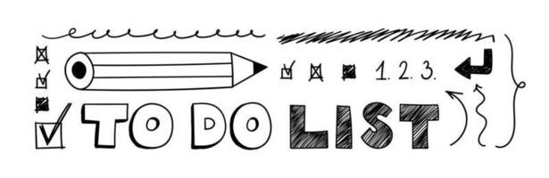 Doodle To do list with check marks, numbering, brackets. Hand-drawn vector illustration scribble with pencil, arrows and underscores isolated.