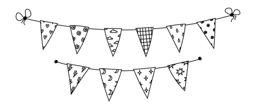 guirnalda de banderas triangulares atadas con lazos. decoración navideña de eventos dibujada a mano con diferentes patrones. negro sobre blanco ilustración vectorial de la bandera del empavesado en una cuerda aislada. vector