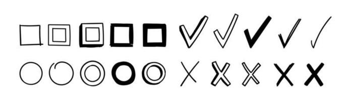 Doodle check mark and cross icon set Royalty Free Vector