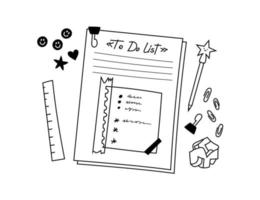 A hand-drawn to-do list and checklist page. Doodle sheets with notes, a fun pen, paper clips, a ruler and assorted stickers. Crumpled sheet of paper. Vector illustration isolated.