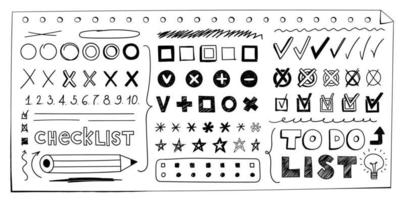 marcas de verificación dibujadas a mano, asteriscos, casillas de verificación. conjunto de lista de verificación de garabatos, contorno y signos y símbolos sombreados. ilustración vectorial de marcas de verificación aisladas, cruces, corchetes en un fondo blanco vector