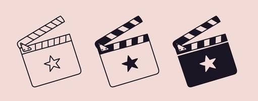 Outline and silhouette clapboard set with star. Open doodle cut movie clapperboard isolated. Vector illustration of a tool for filming and editing video.