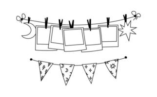 Hand-drawn photo cards pinned to a rope. Doodle decorate your home area with photos and a garland of flags. Clothespins on a string with pictures. Vector illustration isolated outline.