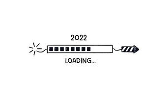 2022 rocket loading bar. Doodle Download Bar Drawn Striped Firecracker 2022 is coming soon. Vector Hand-drawn sketch with quote isolated on white background.