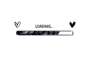 Shaded loading bar with hearts. Hand-drawn stroked progress bar with love. Black on white concept of web page upload with signature. Vector illustration isolated on white background.