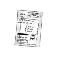 Doodle checkered sheet with notes, handwriting, blots. Hand-drawn torn paper over lined paper. Vector illustration of a sheet of notepad filled with abstract text. To do list bracketed isolated.