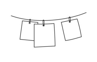 Hand-drawn blank square cards hanging from a rope. Doodle home office decoration with photos. Three blank memo pictures on a string. Vector illustration Isolated outline.