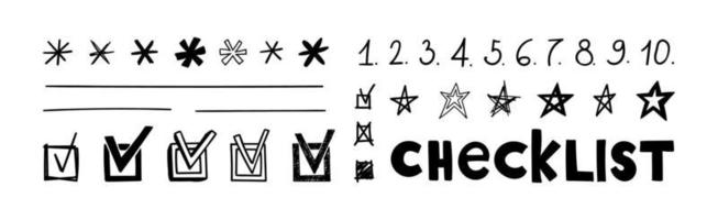 Doodle checklist with check marks, asterisks and numbers. Hand drawn isolated vector illustration of checkmarks of different scribble shapes and silhouettes.