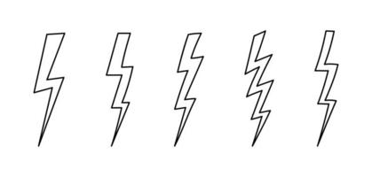 Set of line drawn lightning bolts. A sketch of thunderous lightning of different shapes. Thunder flash outline vector illustration isolated on white background.