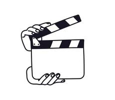 Hands hold a clapperboard before filming. Outline of the director's clapperboard. Vector illustration of a tool for filming and editing video.