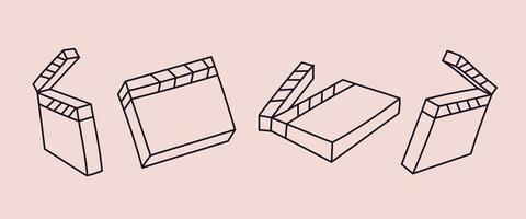 A set of outline clapperboards in different angles. Director's clapboard turned, open and closed. Vector illustration of a tool for filming and editing video.