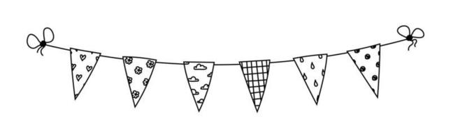 Hand-drawn different Bunting of flags on a string. Doodle garland flag with hearts, clouds, drops, checkered and polka dots. Black on white vector bunting flag for the holiday isolated outline.