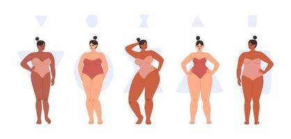 Set of full female body types circle, triangle, hourglass and rectangle. A variety of women in swimsuits show different body shapes. Vector illustration of chubby girls with different skin isolated.