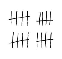 Tally marks or hand-drawn prison signs isolated. Four sticks crossed out by the fifth stick. Vector illustration of black marks, lines crossed out with a diagonal line.