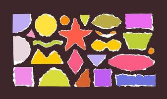 formas geométricas rotas de colores. juego de papel de colores rotos con borde blanco de diferentes formas geométricas aisladas. fragmentos vectoriales de círculo, cuadrado, estrella, semicírculo, elipse. vector
