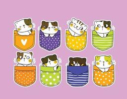 Doodle pocket cats. Kitten in pockets, happy cartoon cute cat vector