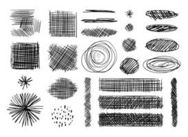 Collection of hatched strokes of different scribble shapes ovals, squares or rectangles. A set of dashed underline and highlighter lines. Diagonal, vertical or parallel vector lines.