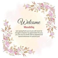 Welcome card with vintage pink rose corner and watercolor background vector