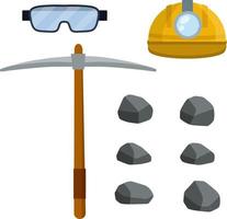 Set of objects of miner. extraction of mineral. Builder helmet with lamp, pickaxe. Cartoon flat illustration. Technical work in mine vector