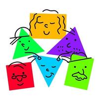 Pile of Various bright basic Geometric Figures with face emotions. Group of man and woman. Cute funny square and triangle characters. Hand drawn trendy Vector illustration for kids