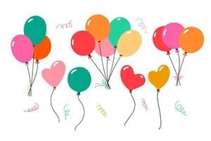 Bunches of balloons set. Vector hand drawn illustration. Various colorful balloons round and heart shape in groups and separately.