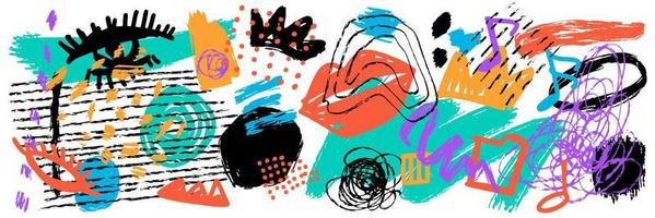 Grunge abstract artistic element set with scrawls, paint strokes and drawn objects. Colorful grunge shapes collection. Contemporary hand drawn clip art. vector