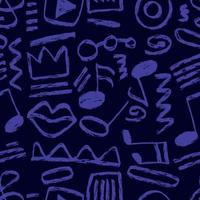 Vector seamless hand-drawn pattern with ovals, swirls, stripes, rectangular shape, crown, lips, zigzag, play button, music notes and treble clef. Grunge shapes dark colors backdrop.