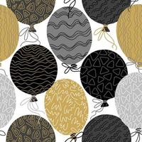 Vector seamless pattern with hand drawn ornamental balloons. Hand drawn surface pattern. Happy birthday background in golden and monochrome palette.