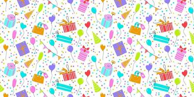 Celebration vector seamless pattern with gift boxes, confetti, balloons. Colorful simple happy birthday repeatable background.